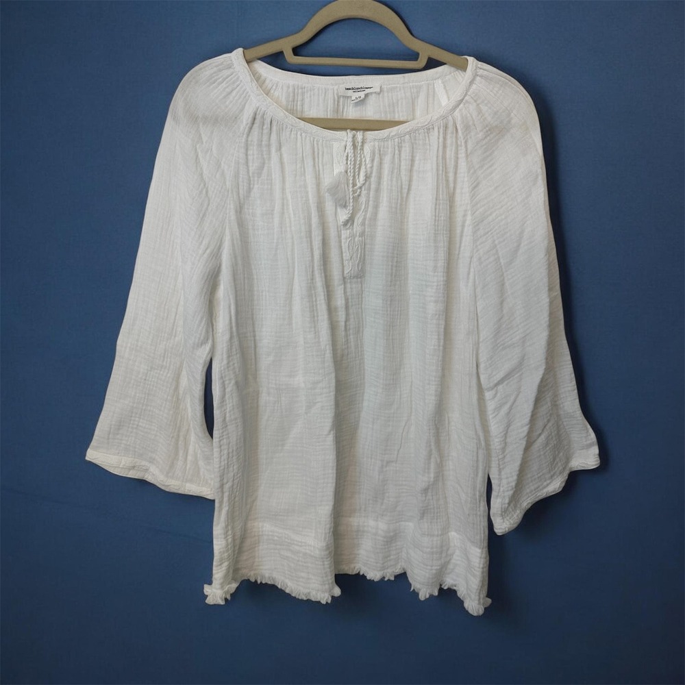 Beachlunchlounge White Cotton Gauze Peasant Top Tassel Tie Bell Sleeve Large